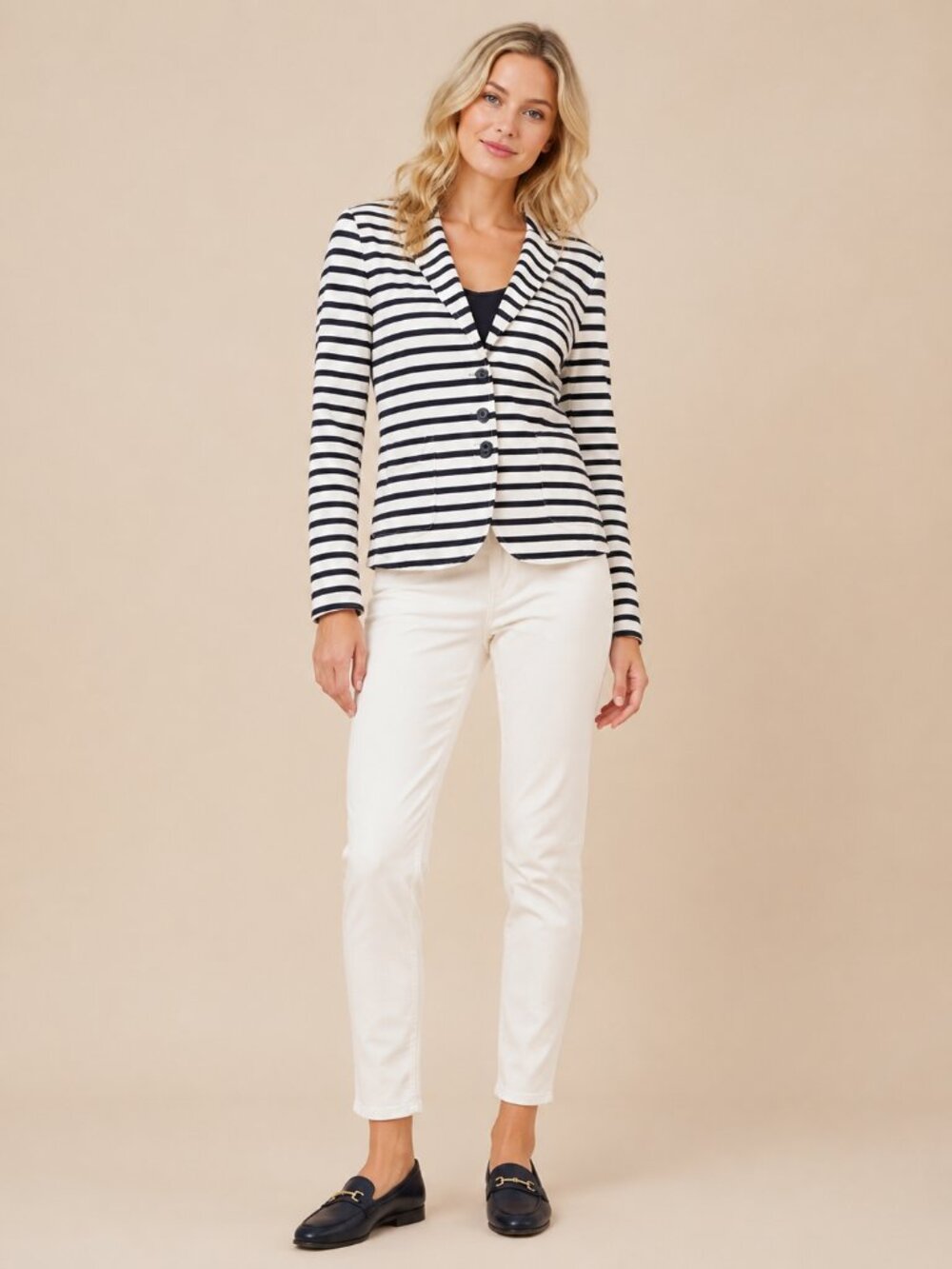 2/$30 TAHARI Nautical Striped Jersey Blazer with Pockets White Navy Large #A4277